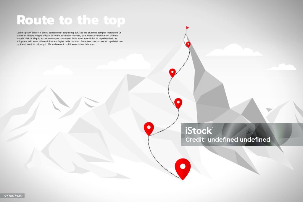 Route to the top of mountain: Concept of Goal, Mission, Vision, Career path, Polygon dot connect line style Key visual of path for climbing to top of mountain, represent career success Mountain stock vector