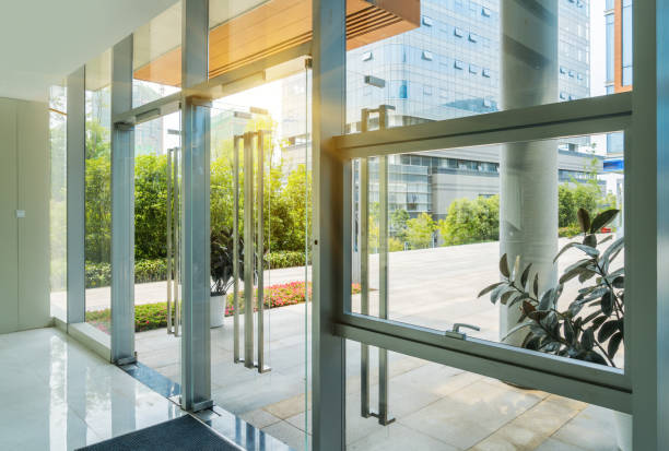 istock Glass doors in modern office buildings in chongqing,china 977607606