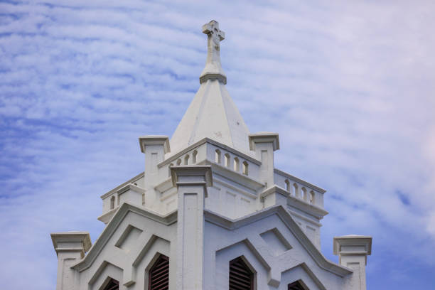 Image of a top of a historical church on a blue sky