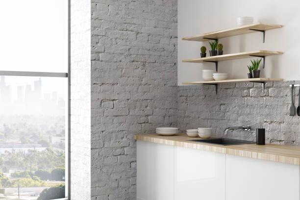 istock Side view of contemporary brick kitchen 977626214
