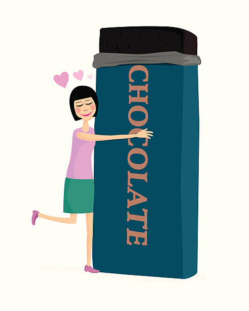 Chocolate Lurve A young woman is hugging a huge bar of chocolate. She is clearly in love with it as a few valentine's hearts appear above her head. The paper is slightly unwrapped to reveal a large chunk of chocolate at the top of the bar. standing on one leg not exercising stock illustrations