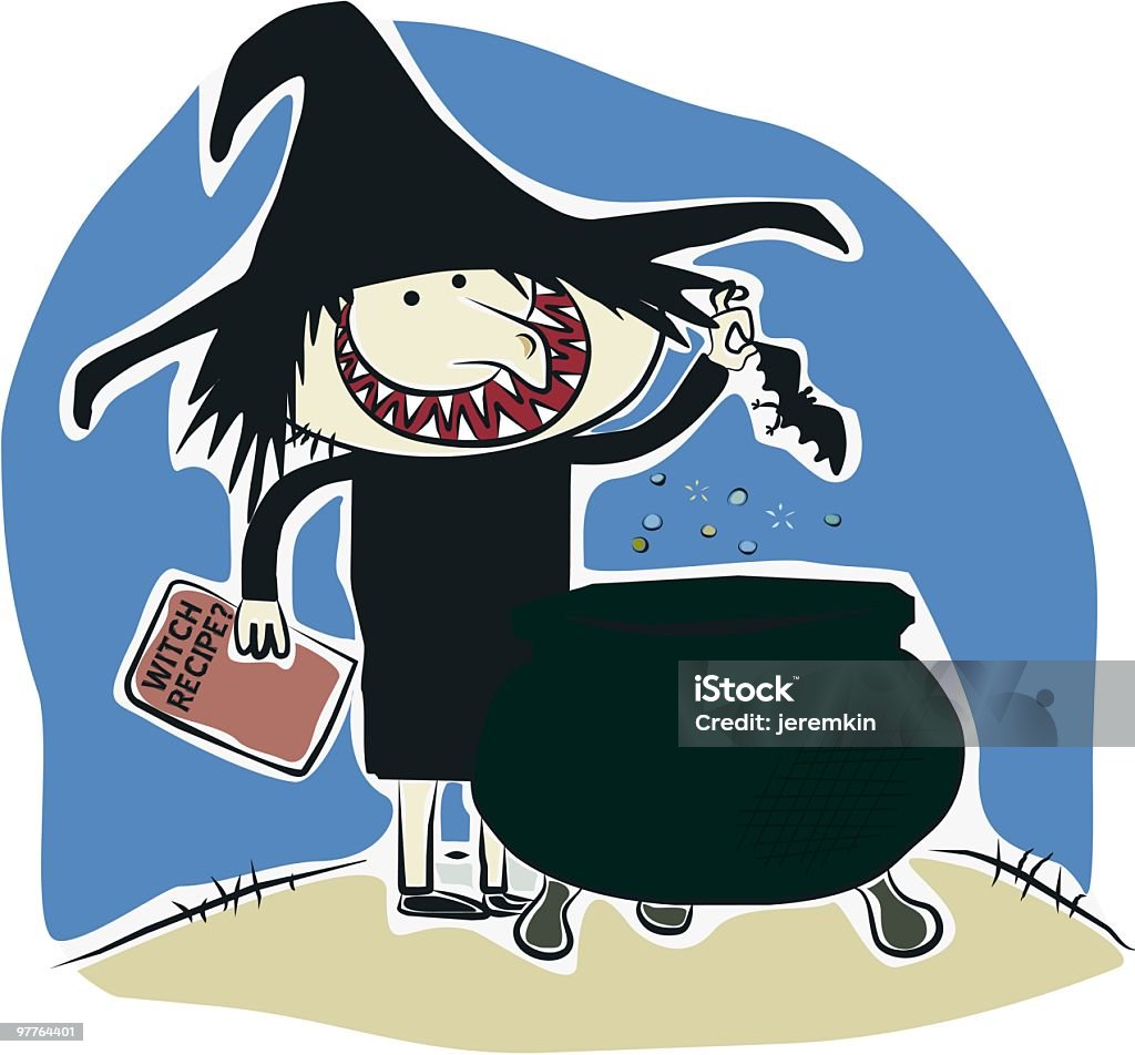 Witch and cauldron cartoon for Hallo A merrily evil witch is about to plunge an unsuspecting bat into a bubbling cauldron. Animal Themes stock vector