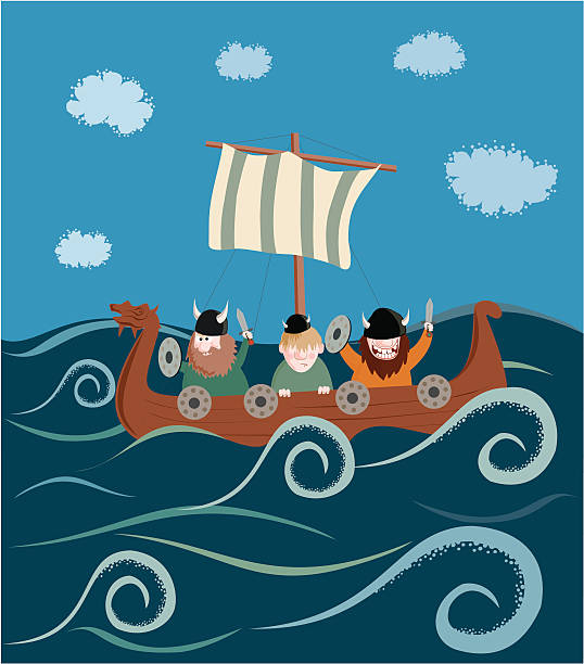 ilustraciones, imágenes clip art, dibujos animados e iconos de stock de barco de vikingos - storm pirate sea nautical vessel