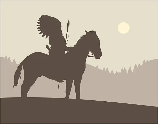 Vector illustration of Drawing of native american chief on top of a horse