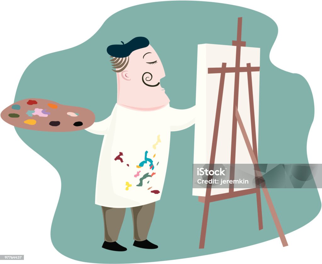 Flamboyant Artist An artist with a large curly tache is happily painting away. Painter - Artist stock vector