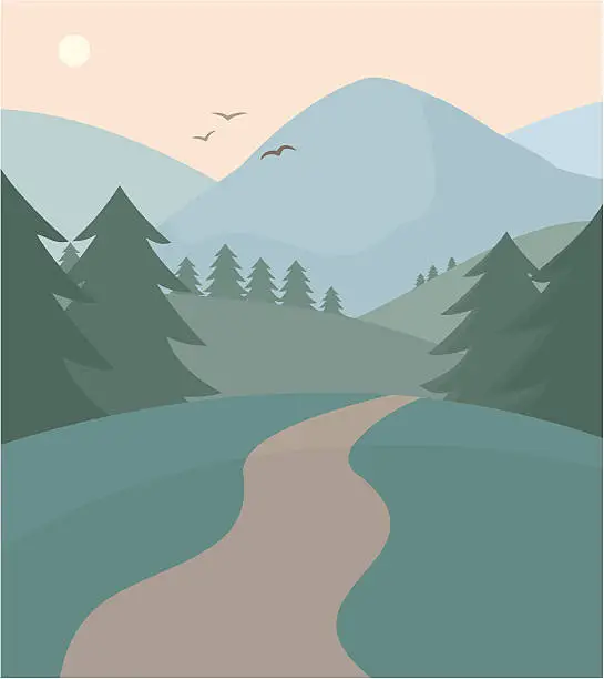Vector illustration of Vector of path leading through forest and mountains