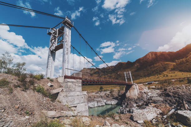 istock Pendant bridge over mountain river surrounded by stones and hills 977644498