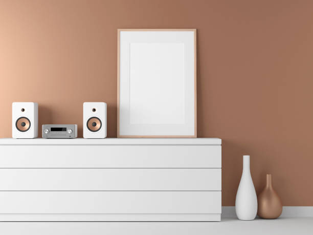 istock Poster with wooden Frame Mockup in modern interior, Micro stereo Audio System 977644968