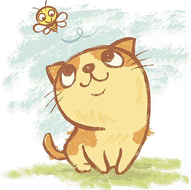Vector illustration of Kitten and bee