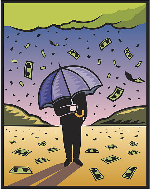 Prosperity Man with umbrella under raining money pennies from heaven stock illustrations