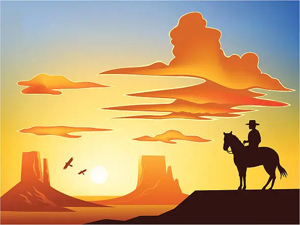 Vector illustration of Cowboy on Horse overlooking Monument Valley