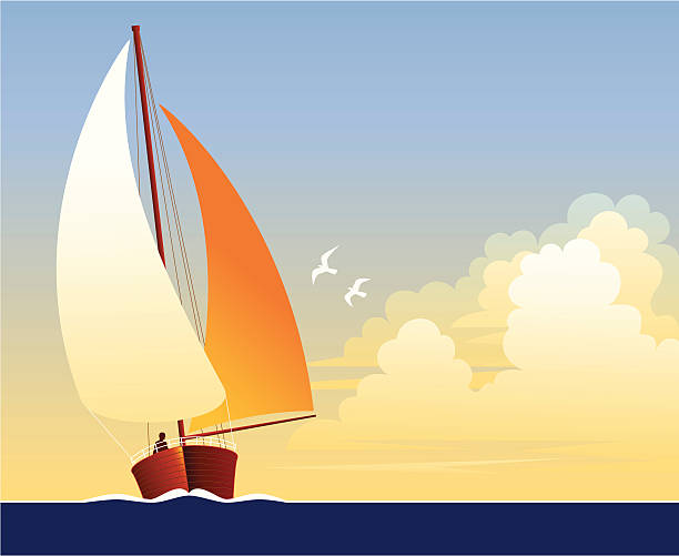 Sailboat Sailboat on blue ocean against an open sky. sailing stock illustrations