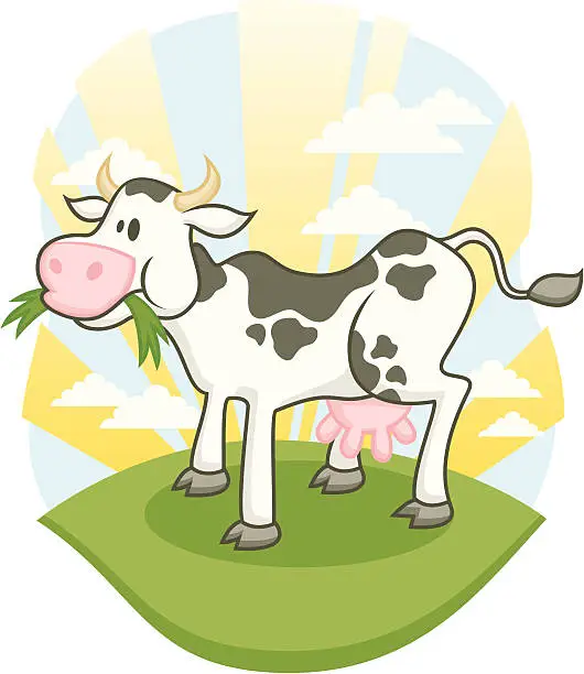 Vector illustration of Farm Cow Eating Grass