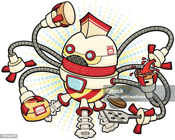 Robot Burger Flipper - Arte vetorial de stock e mais imagens de Robô - Robô, Banda desenhada - Produto Artístico, Braço Robotizado