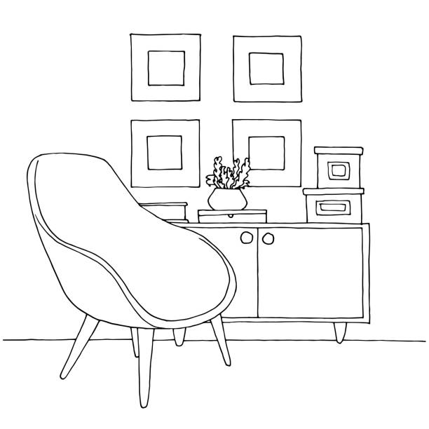 кресло, шкаф с вазой.  нарисованная вручную векторная иллюстрация стиля эскиза. - indoors living room inside of domestic room stock illustrations