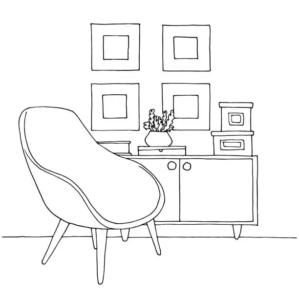 Vector illustration of Armchair, cupboard with a vase.  Hand drawn vector illustration of a sketch style.