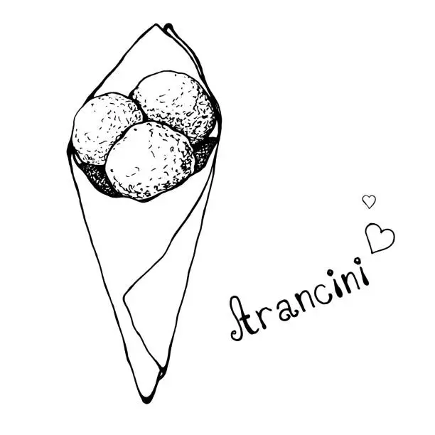 Vector illustration of Sketch aranchini in a paper bag. Italian Cuisine. Vector illustration.
