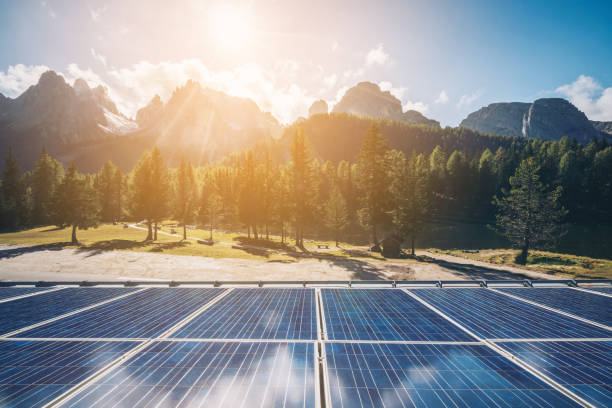 istock Solar cell panel in country mountain landscape. 977670976