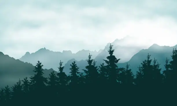 Vector illustration of Realistic illustration of a coniferous forest in a mountain landscape in a haze under a green sky with clouds - vector