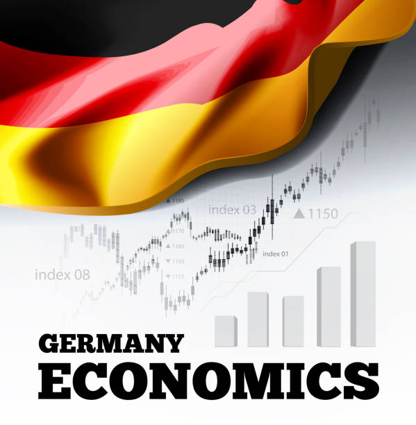 istock Germany economics vector illustration with german flag and business chart, bar chart stock numbers bull market, uptrend line graph symbolizes the growth 977673722
