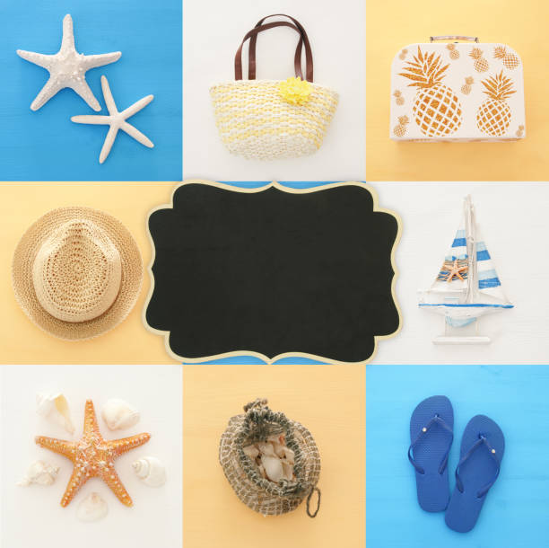 istock nautical collage with sea life style objects over blue and white wooden background. 977679716