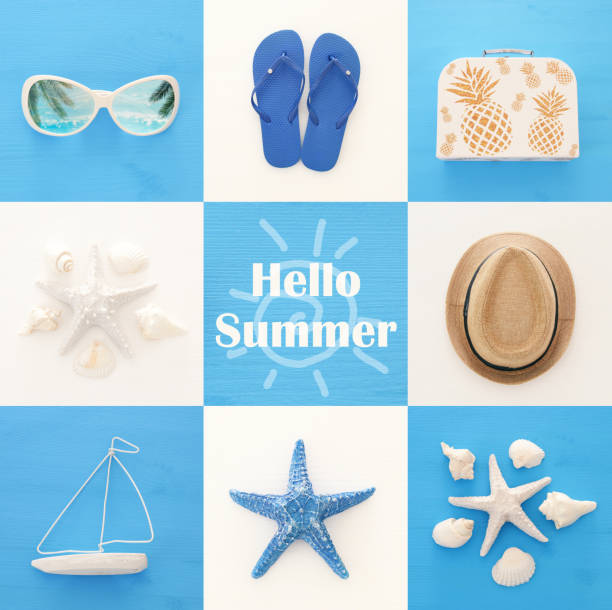istock nautical collage with sea life style objects over blue and white wooden background. 977679732