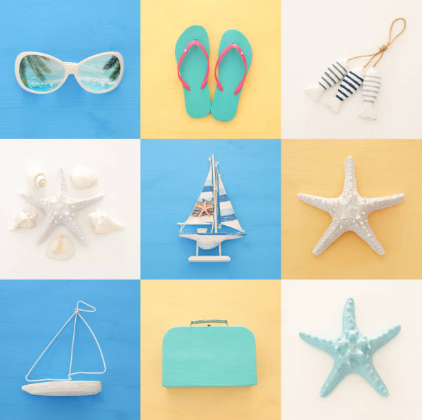 istock nautical collage with sea life style objects over blue and white wooden background. 977679768