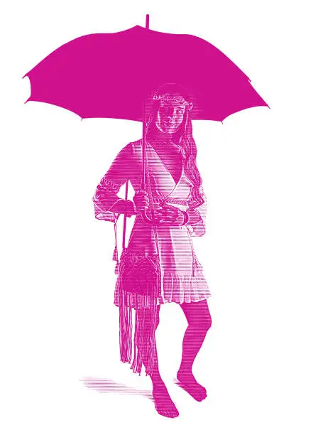 Vector illustration of Boho woman holding umbrella
