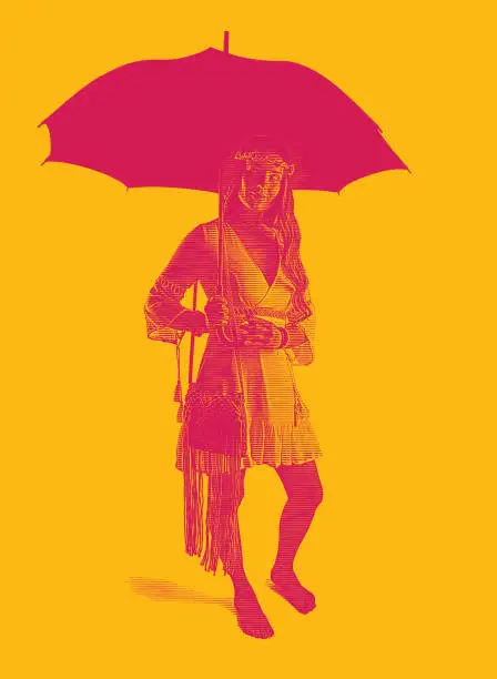 Vector illustration of Boho woman holding umbrella