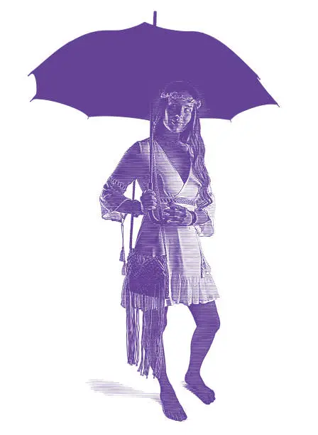 Vector illustration of Boho woman holding umbrella