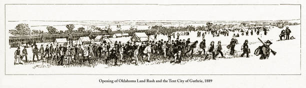 illustrations, cliparts, dessins animés et icônes de ouverture de la ruée vers les terres de l’oklahoma et la cité des tentes de la gravure de guthrie, 1889 - santa fe trail