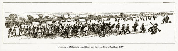 illustrazioni stock, clip art, cartoni animati e icone di tendenza di apertura di oklahoma land rush e della tent city of guthrie engraving, 1889 - santa fe trail