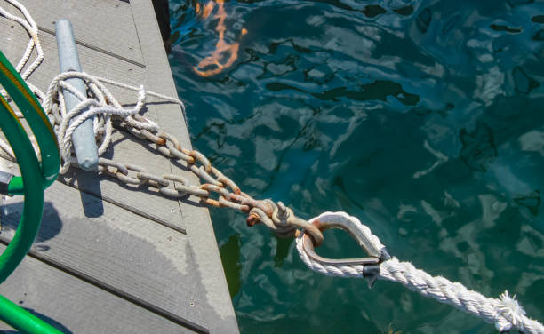 istock Chain attached to cleat on dock and dock tie up that is attached to a boat off camera - shown over deep water 977704268