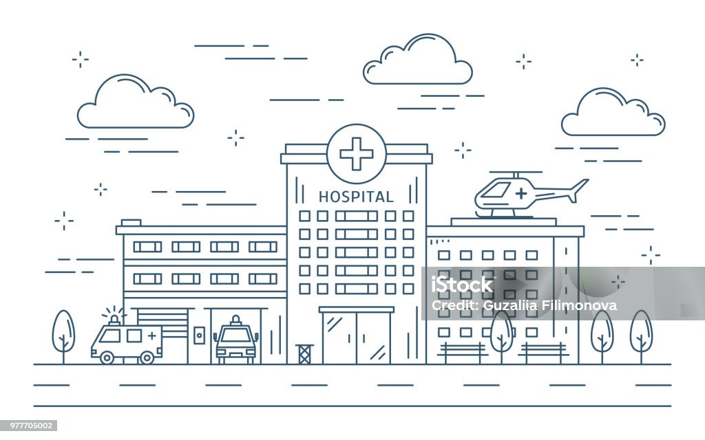Line hospital building outdoors. Line hospital building outdoors with sky and helicopter. Hospital stock vector