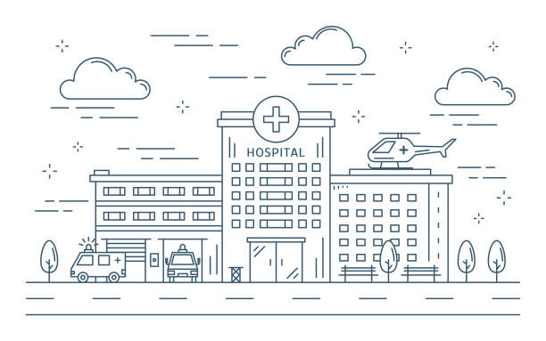 Line hospital building outdoors. Line hospital building outdoors with sky and helicopter. hospital illustrations stock illustrations