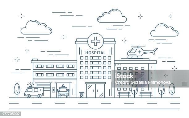 Line Hospital Building Outdoors Stock Illustration - Download Image Now - Hospital, Line Art, Building Exterior