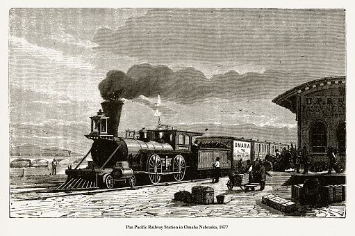 Beautifully Illustrated Antique Engraved Victorian Illustration of Railway Station in Omaha Nebraska, 1877. Source: Original edition from my own archives. Copyright has expired on this artwork. Digitally restored.