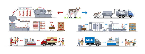 우유와 고기 공장입니다. - 식품 가공 공장 일러스트 stock illustrations
