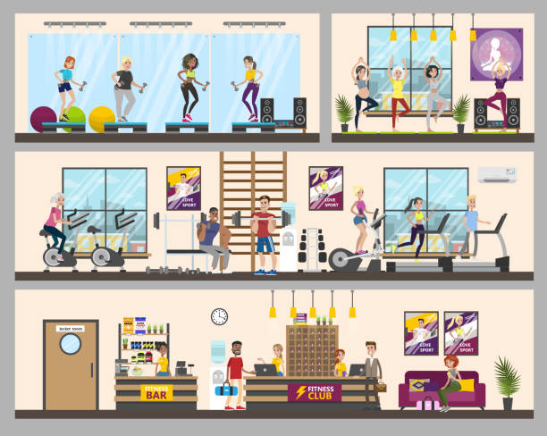Gym rooms interior. Gym rooms interior. People doing fitness, yoga and weight lifting. gym backgrounds stock illustrations