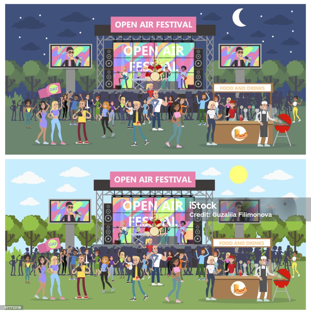 Open air festival set . Open air festival set with people and musicians. Music stock vector