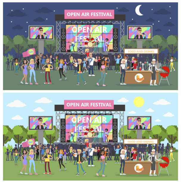 Open air festival set . Open air festival set with people and musicians. block party stock illustrations