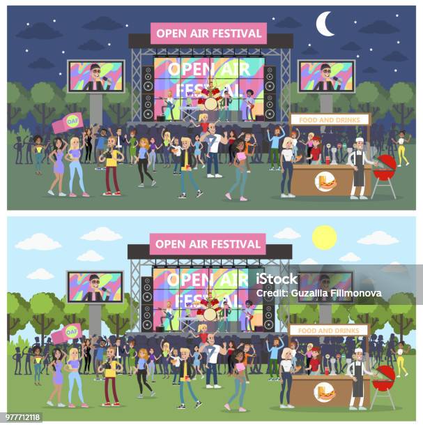 Open Air Festival Set Stock Illustration - Download Image Now - Music, Film Festival, Competition Round