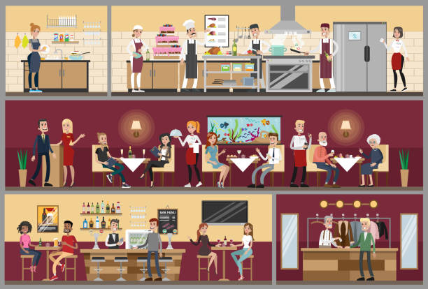 Restaurant interior set. Restaurant interior set with people sitting, kitchen and bar. buffet illustrations stock illustrations