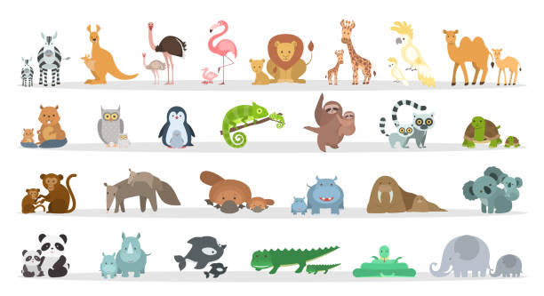 Animals families set. Animals families set. Cartoon animals with babies. animal family stock illustrations
