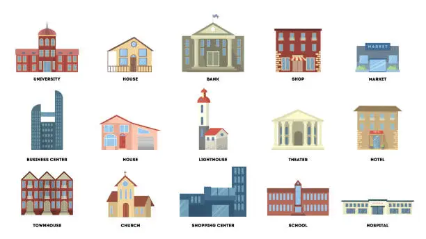 Vector illustration of City buildings set on white.