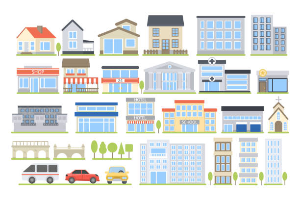 illustrazioni stock, clip art, cartoni animati e icone di tendenza di edifici della città impostati. - consumption level