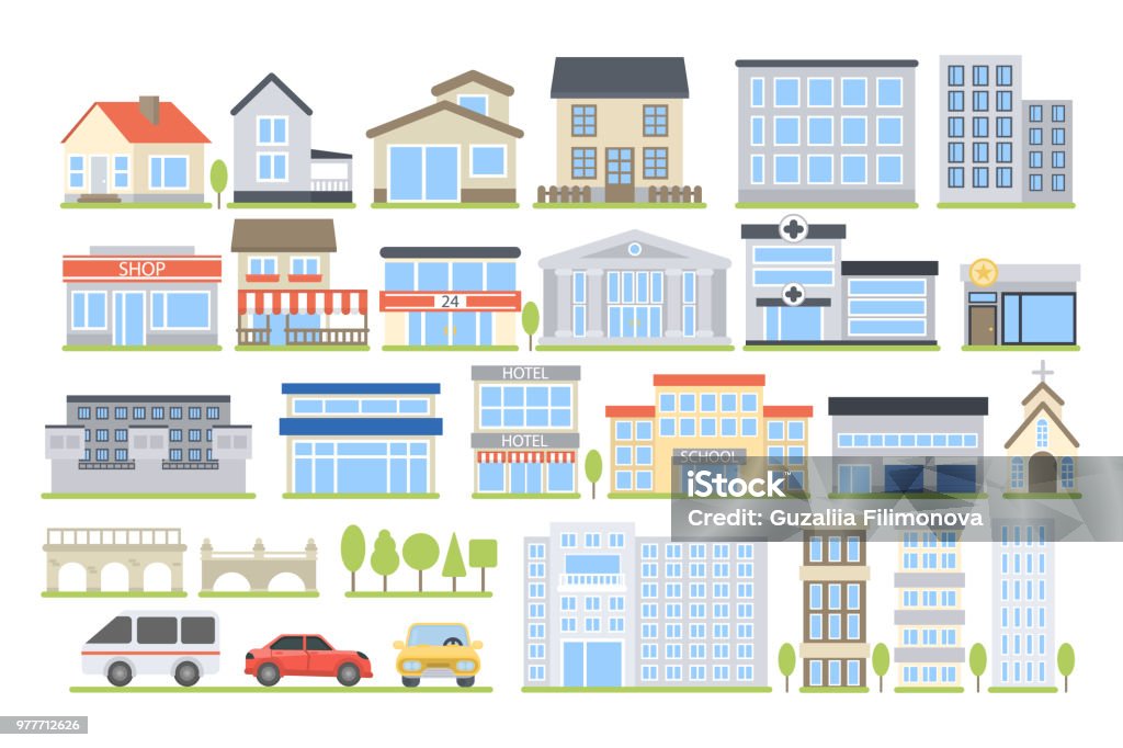 City buildings set. City buildings set. Hospital and school, store and house. Building Exterior stock vector
