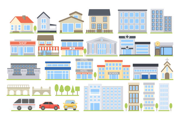 City buildings set. City buildings set. Hospital and school, store and house. way to school stock illustrations