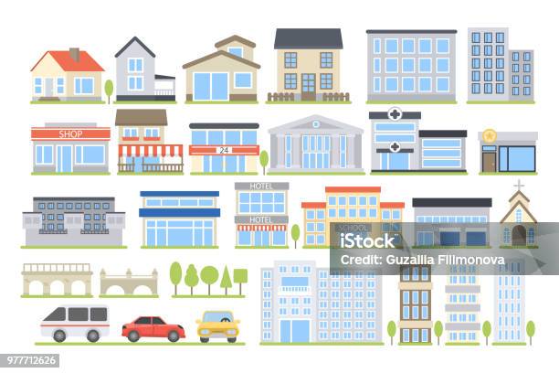 City Buildings Set Stock Illustration - Download Image Now - Building Exterior, House, Apartment