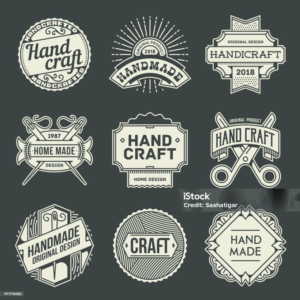 Logotypes main artisanat Vintage. Insignes de contour. Illustration vectorielle. Fond sombre. - clipart vectoriel de Artisanat libre de droits